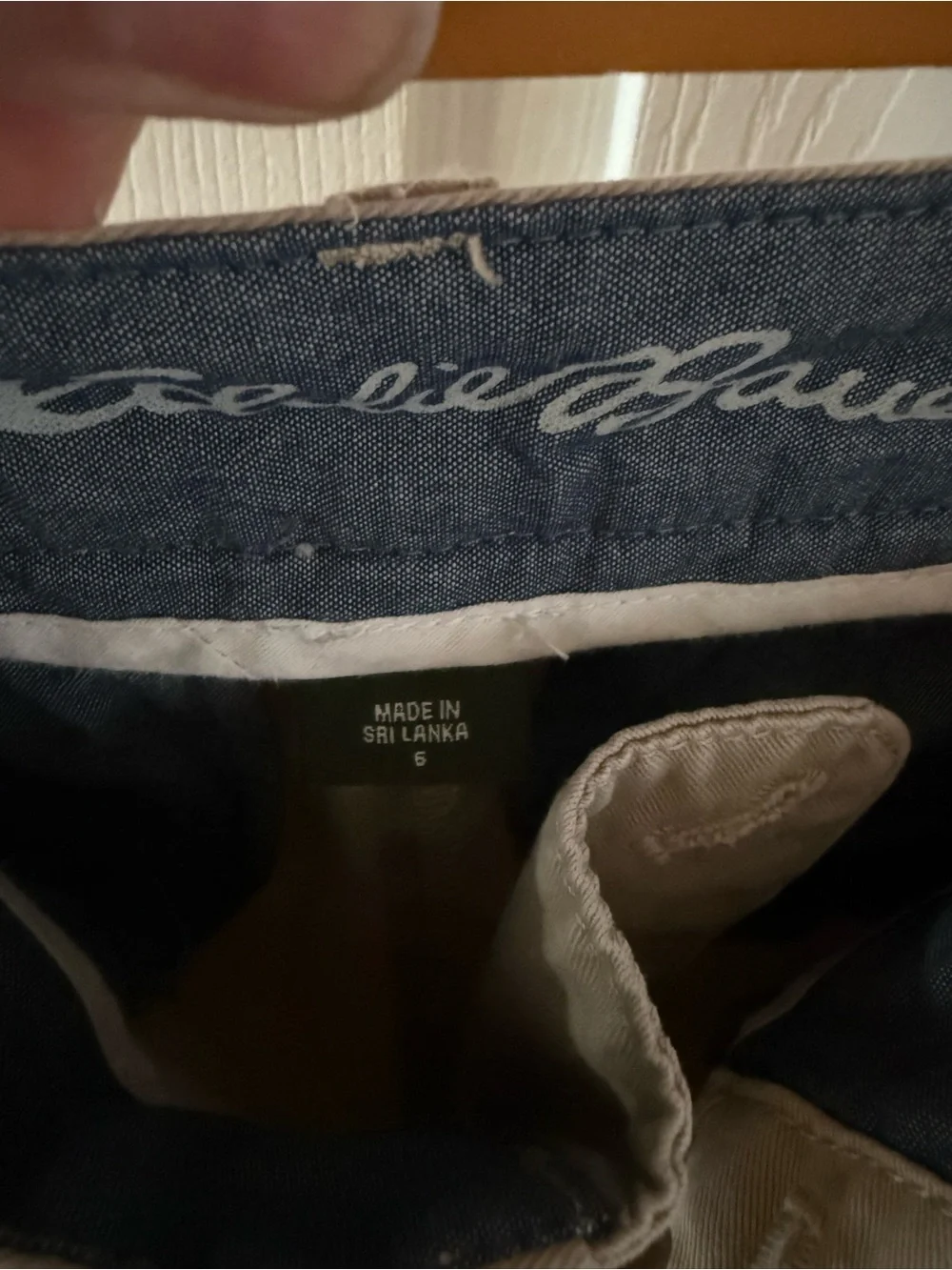 Eddie Bauer Legendwash Cotton Tan Khaki Pants with Blue Waistband Detail - Picture 7 of 8